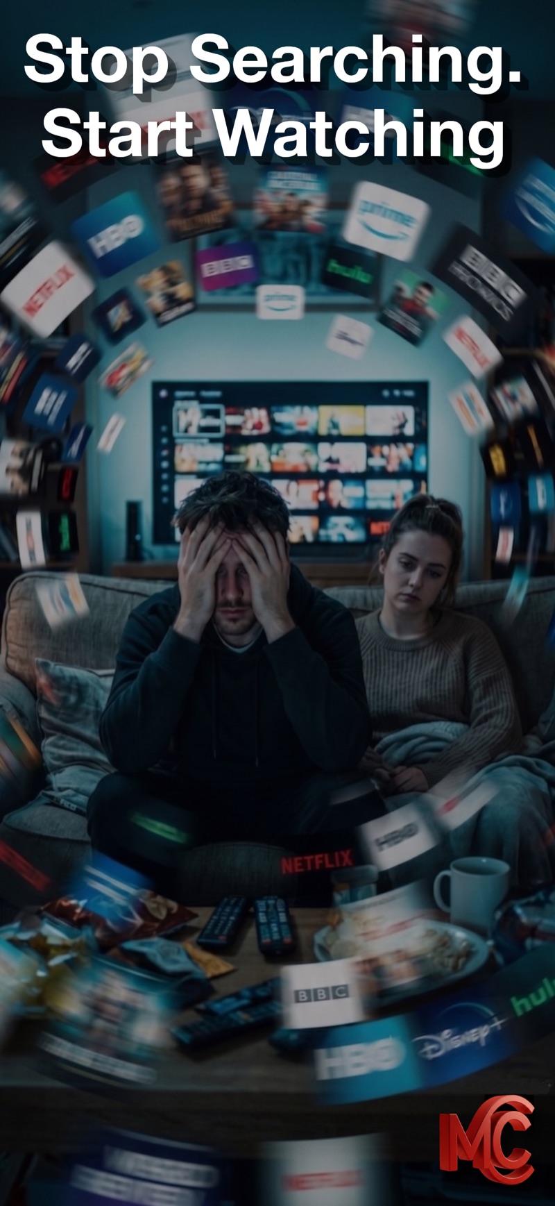 A couple on the couch, overwhelmed by a swirl of streaming service logos and endless options